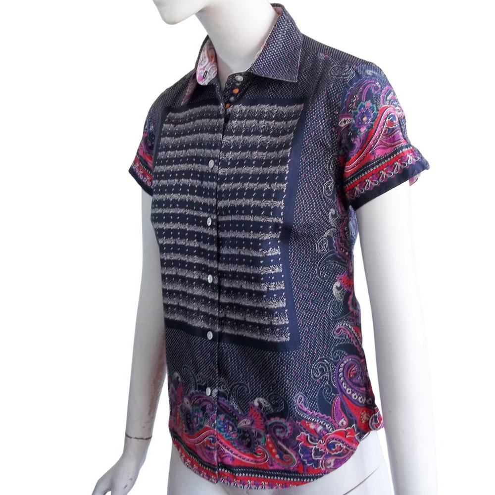 ROBERT GRAHAM Polka Dot Paisley Border Button Front Cotton Womens Blouse Sz 2 - Picture 4 of 14